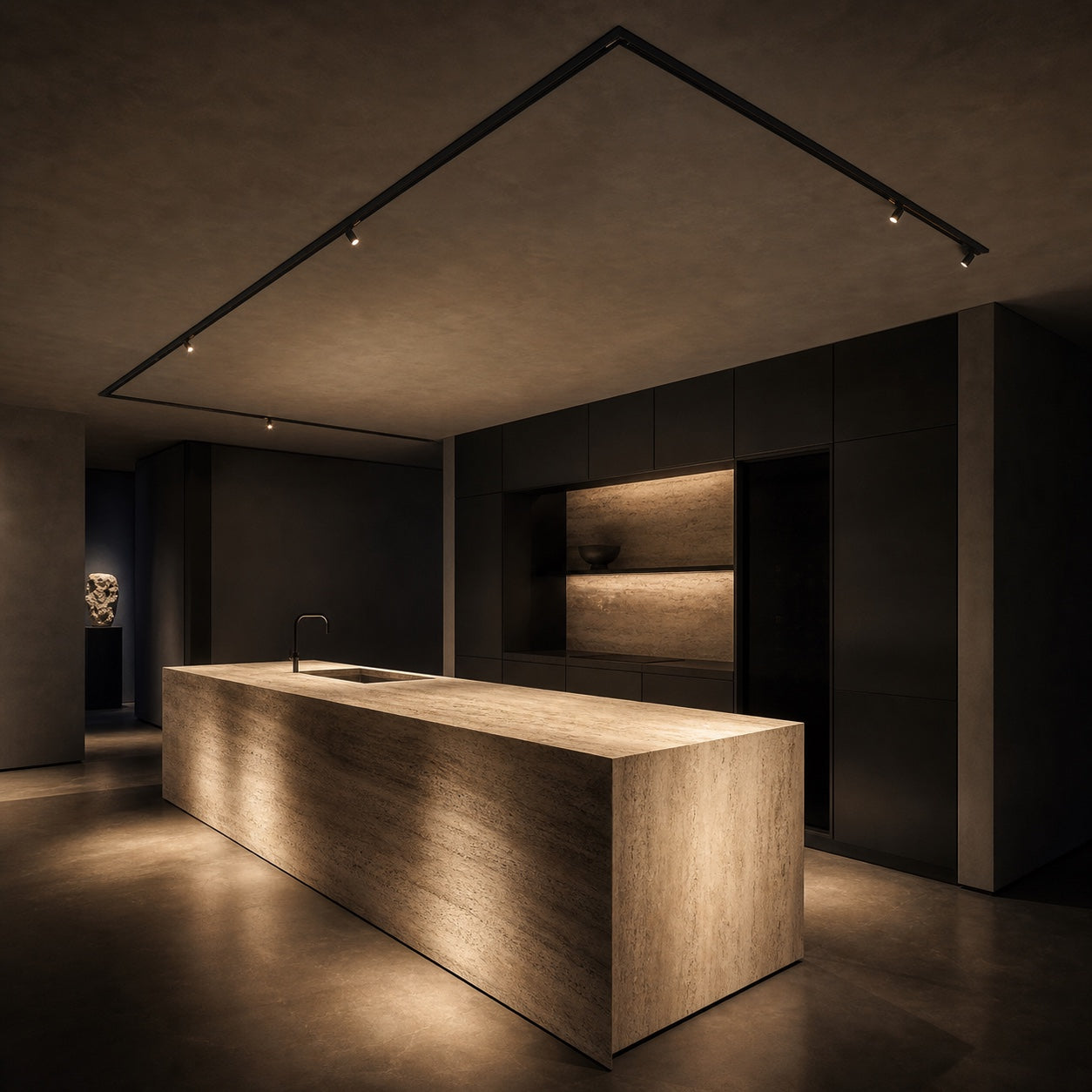 Binario a C Nexalume 2 × 2 × 2 m in un interno contemporaneo scuro
